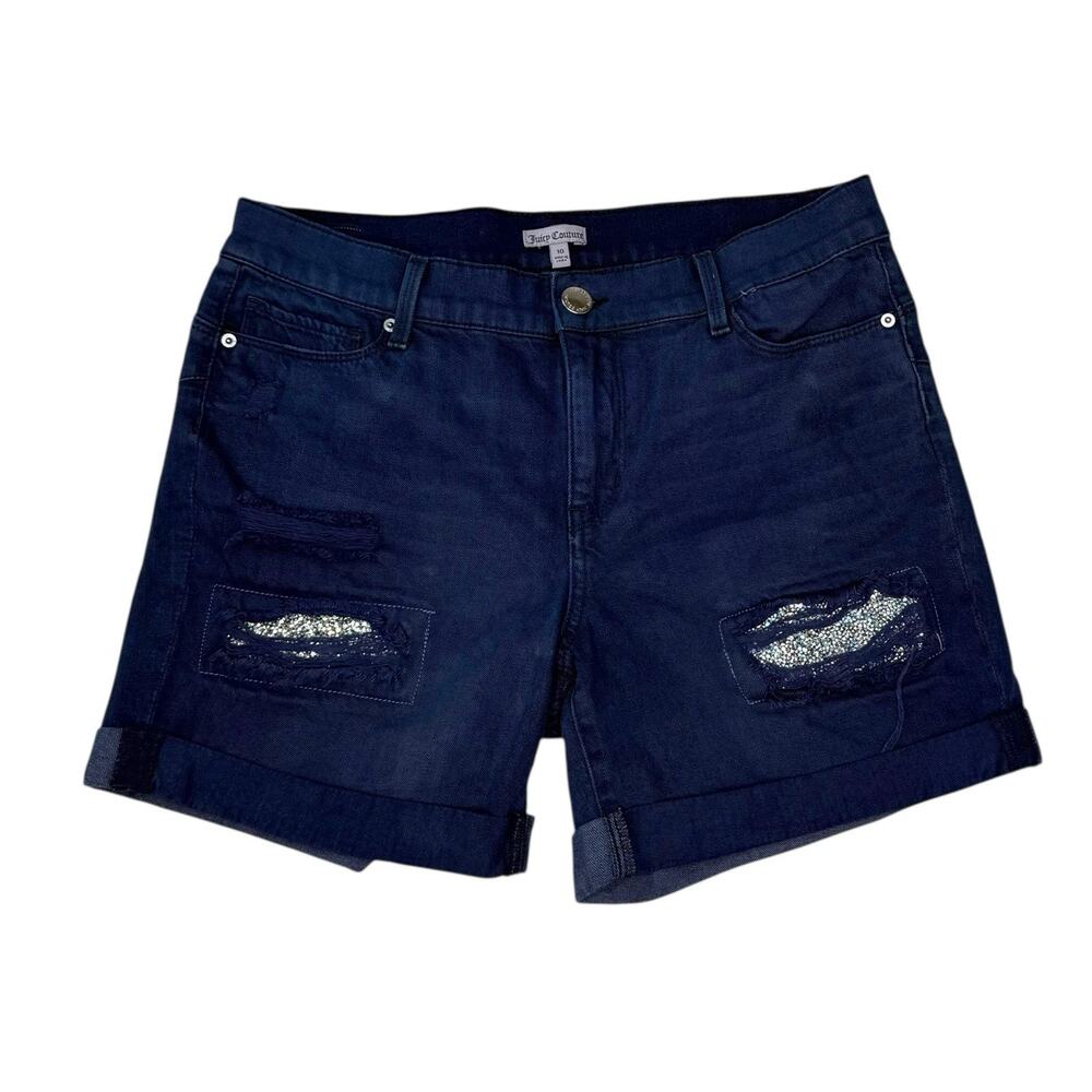 Juicy‎ Couture Dark Blue Distressed Jean Shorts Silver Glam Cuffed Womens Sz 10